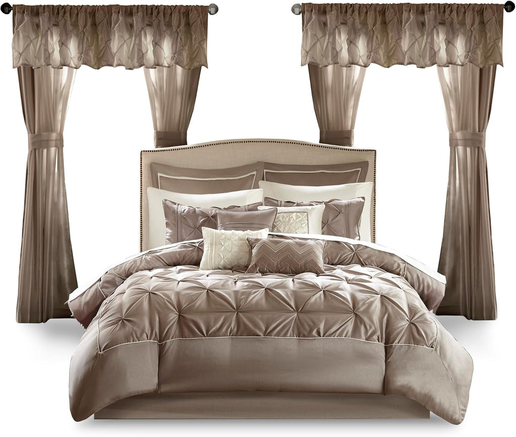 Madison Park Essentials Room in a Bag Faux Silk Comforter Set - Luxe Diamond Tufting All Season Bedding, Matching Curtains, Decorative Pillows, Taupe Cal King(104'x92') 24 Piece