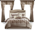 Madison Park Essentials Room in a Bag Faux Silk Comforter Set - Luxe Diamond Tufting All Season Bedding, Matching Curtains, Decorative Pillows, Taupe Cal King(104'x92') 24 Piece