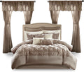 Madison Park Essentials Room in a Bag Faux Silk Comforter Set - Luxe Diamond Tufting All Season Bedding, Matching Curtains, Decorative Pillows, Taupe Queen(90'x90') 24 Piece