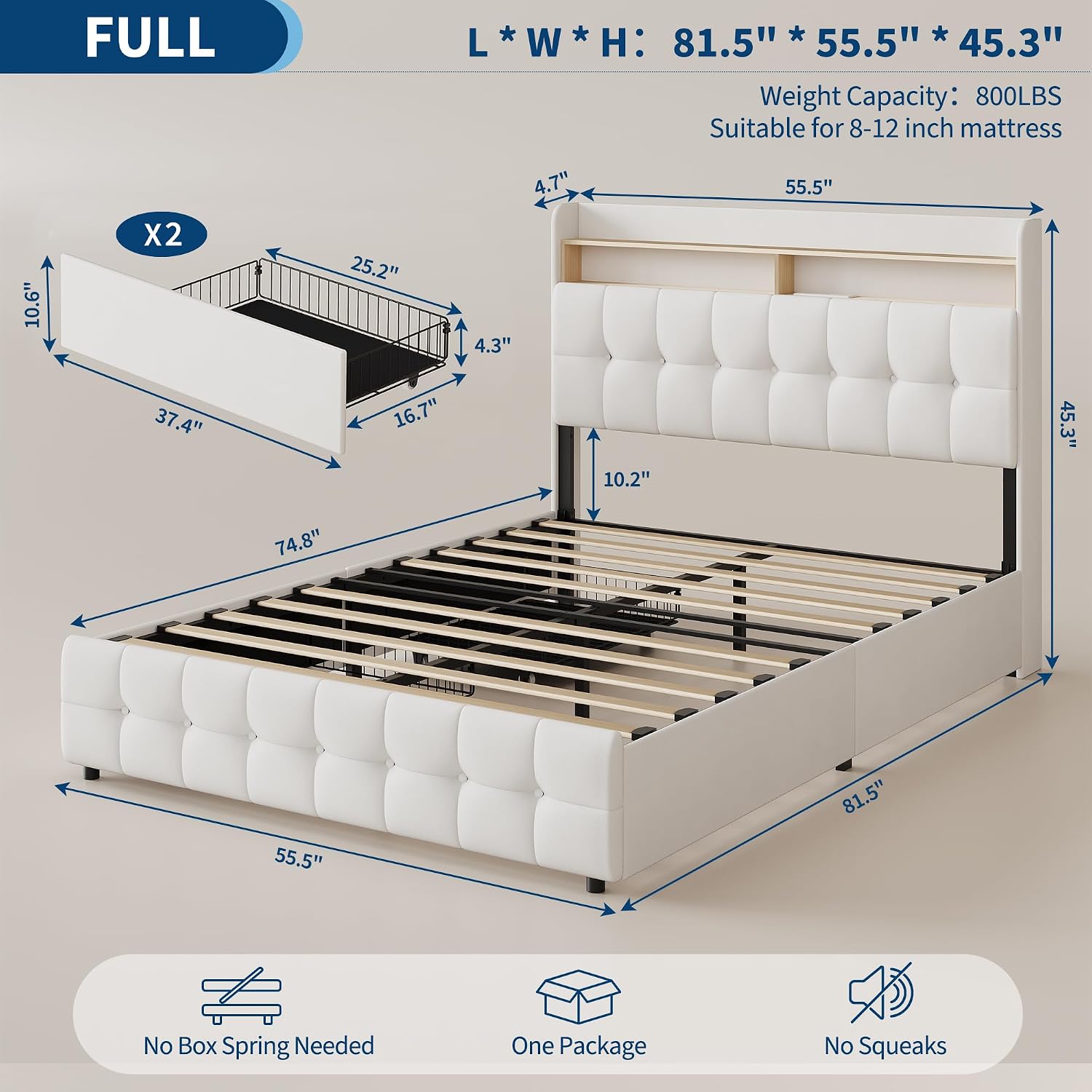 Garvee Full Size Bed Frame with 2 Storage Drawers, Upholstered Bed Frame Full with LED Light, Double-Layer Bedside Headboard with Charging Socket and USB Port, Soft Plush Fabric, White