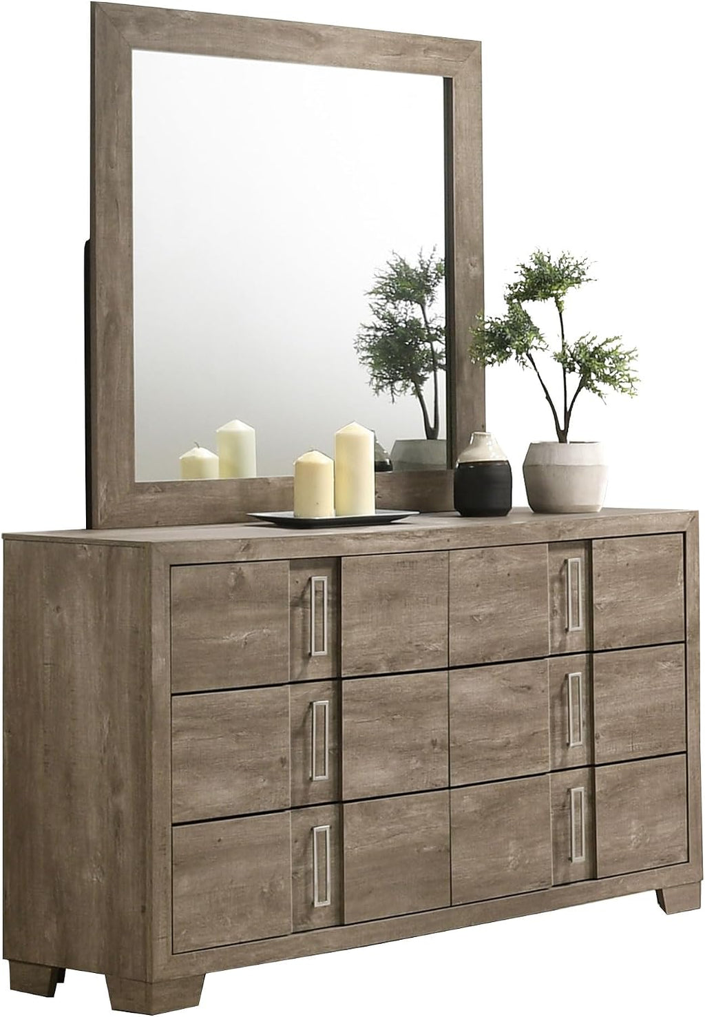 Kings Brand Furniture Dawson Modern 6-Piece King Size Farmhouse Style Bedroom Set in Light Brown Finish - Bed with LED Lights, Dresser, Mirror, Chest & 2 Nightstands