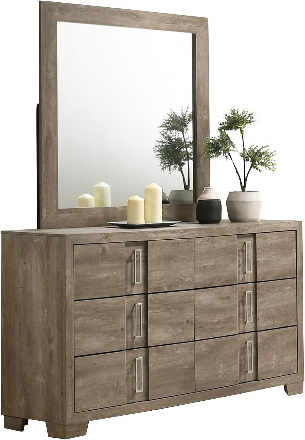 Kings Brand Furniture Dawson Modern 6-Piece King Size Farmhouse Style Bedroom Set in Light Brown Finish - Bed with LED Lights, Dresser, Mirror, Chest & 2 Nightstands
