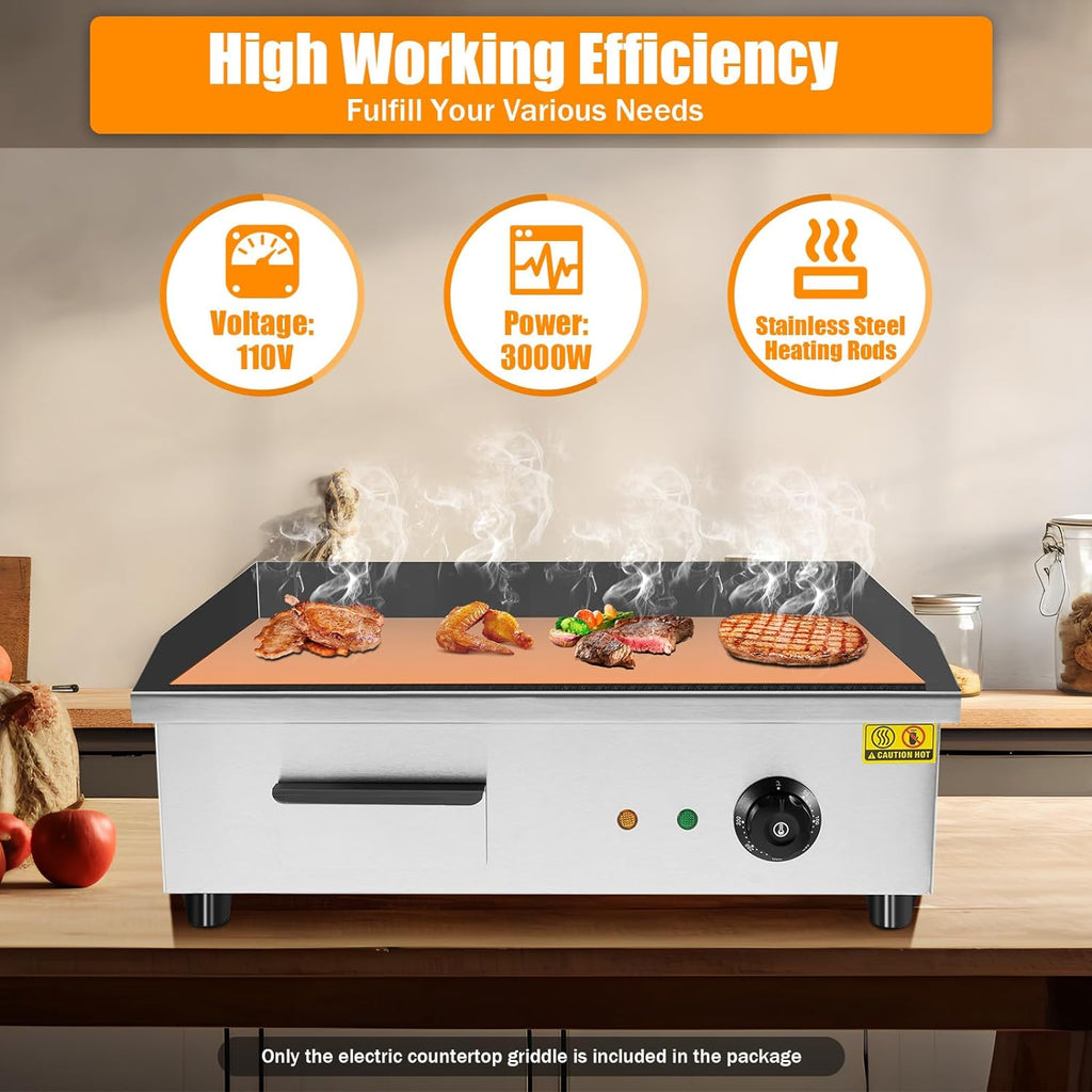 22' Commercial Electric Griddle 3000W Restaurant Countertop Griddle Stainless Steel Flat Top Grill Adjustable Temperature Control 122°F-572°F for Fast Food Restaurants Canteens
