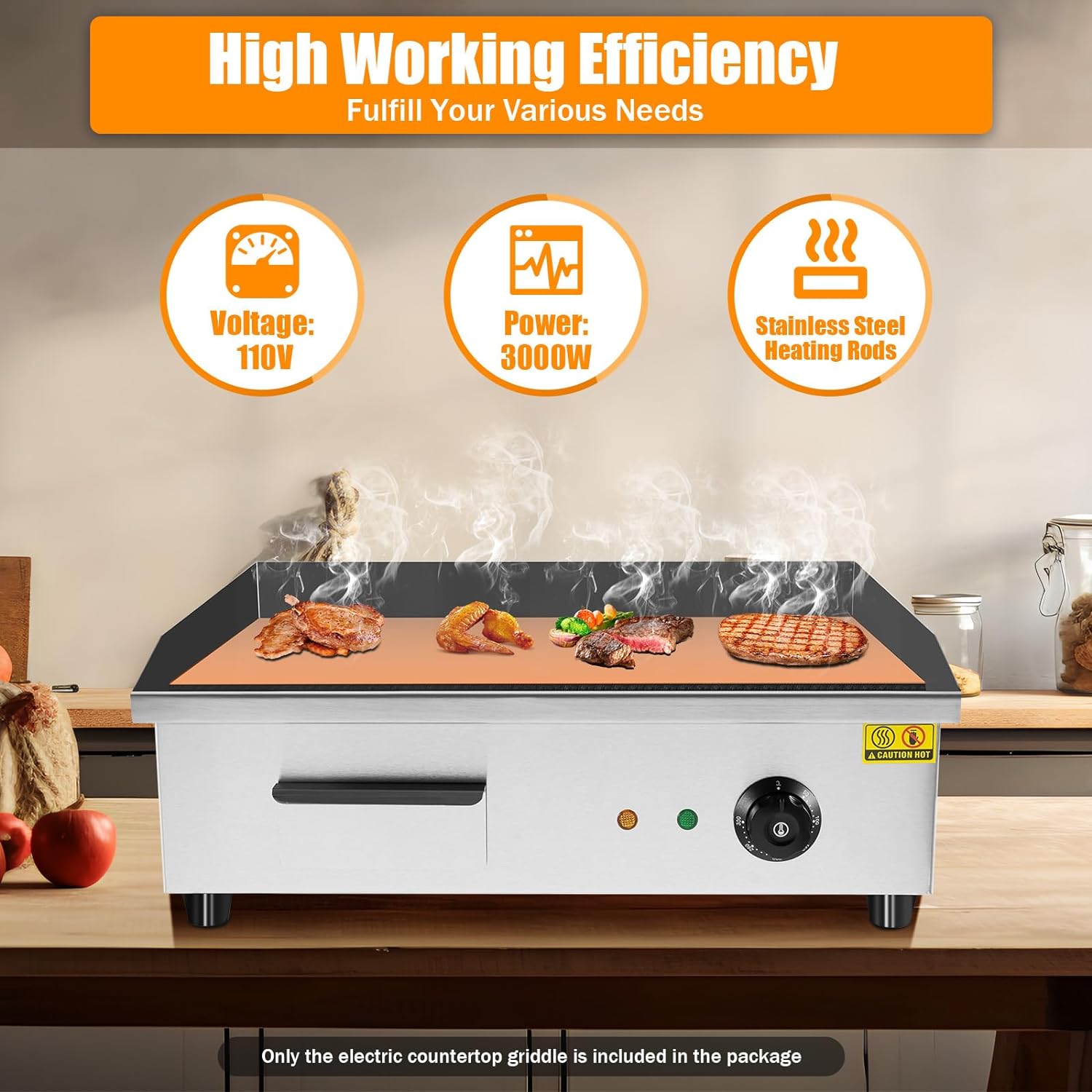 22' Commercial Electric Griddle 3000W Restaurant Countertop Griddle Stainless Steel Flat Top Grill Adjustable Temperature Control 122°F-572°F for Fast Food Restaurants Canteens