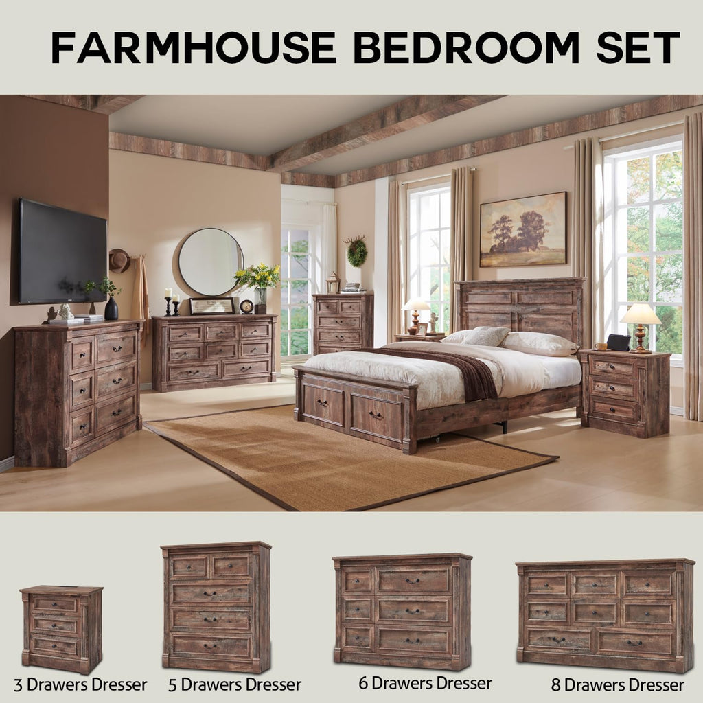 Aitjunz Farmhouse Queen Size Bed Frame with 51' Tall Headboard, Wood Platform Bed Frame with 20' Tall Roman Column Decoration Footboard & 2 Large Storage Drawers, No Box Spring Needed (Light Brown)