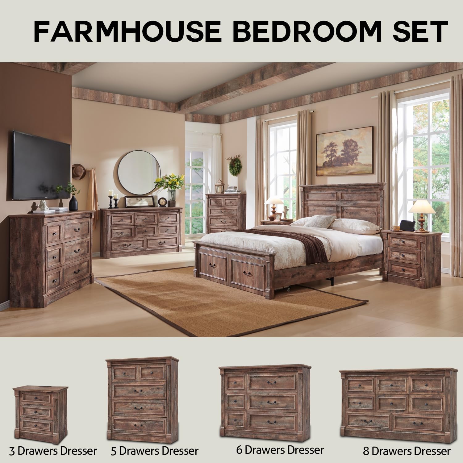Aitjunz Farmhouse Queen Size Bed Frame with 51' Tall Headboard, Wood Platform Bed Frame with 20' Tall Roman Column Decoration Footboard & 2 Large Storage Drawers, No Box Spring Needed (Light Brown)