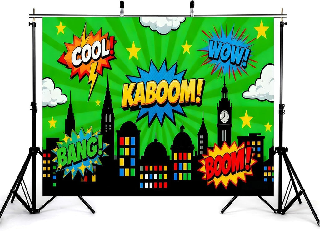 20x10ft Superhero Comic Book Style Photography Backdrop City Skyline Background with Pop Art TextGreen and Multi-Color Design for Party Birthday Decoration