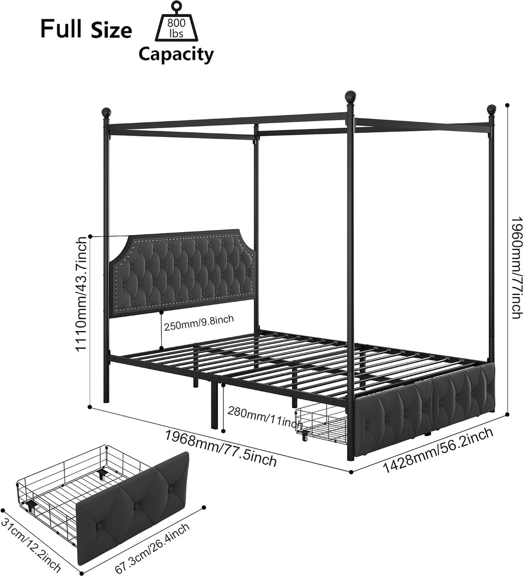 Keyluv Full Upholstered Canopy Bed Frame with 2 Storage Drawers & Button Tufted Headboard, Metal Platform Bed with 4 Removable Posts, Two-Purpose Velvet Bed, Dark Grey/Curtain Not Included