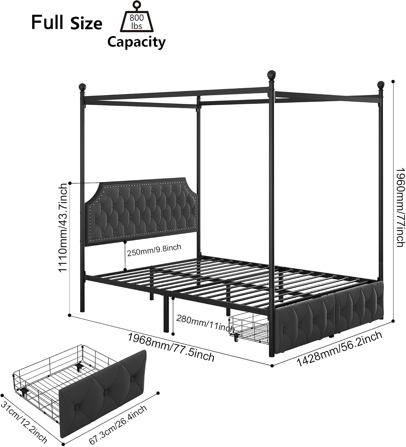 Keyluv Full Upholstered Canopy Bed Frame with 2 Storage Drawers & Button Tufted Headboard, Metal Platform Bed with 4 Removable Posts, Two-Purpose Velvet Bed, Dark Grey/Curtain Not Included
