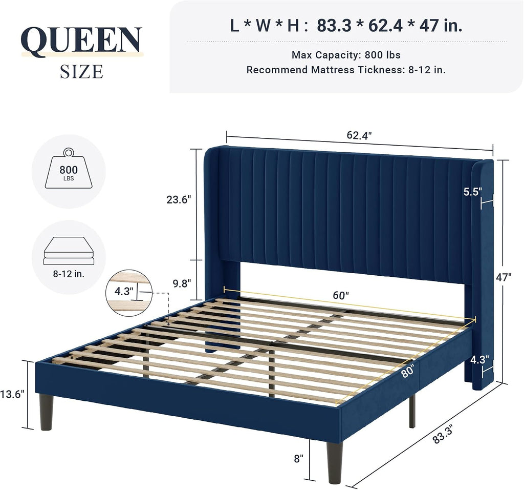 Allewie Queen Size Velvet Bed Frame/Vertical Channel Tufted Wingback Headboard/Upholstered Platform Bed/Strong Wooden Slats/No Box Spring Needed/Easy Assembly/Dark Blue