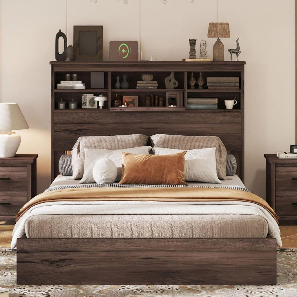 Merax 4-Pcs Queen Size Bed Frame & Dresser & 2 Night Stand Bedroom Set, Platform Bed with USB Charging Ports Storage Headboard, Cabinet Dresser with 5 Drawers, Nightstands, Wooden, Dark Walnut