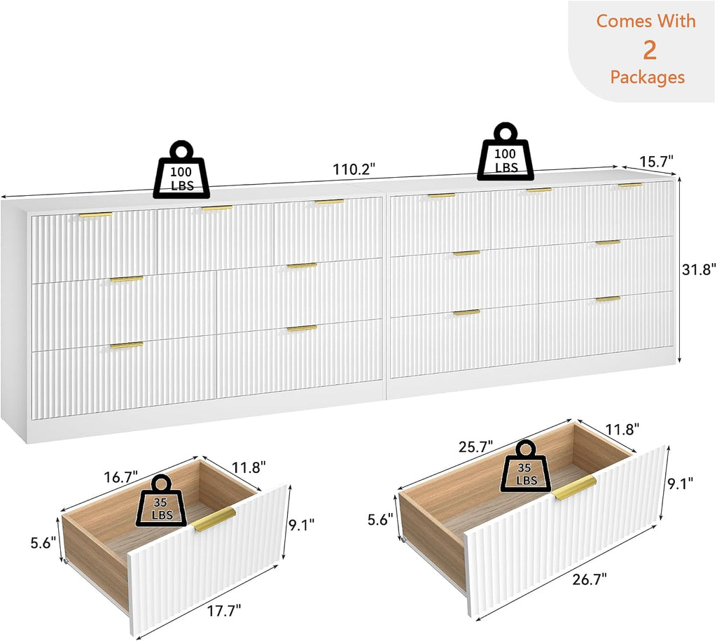 White Dresser Set of 2, Long Dresser for Bedroom Wooden with 14 Drawers, Fluted Modern Bedroom Furniture Set, TV Stand Dressers & Chests of Drawers for Closet (15.7'D x 110.2'W x 31.8'H)