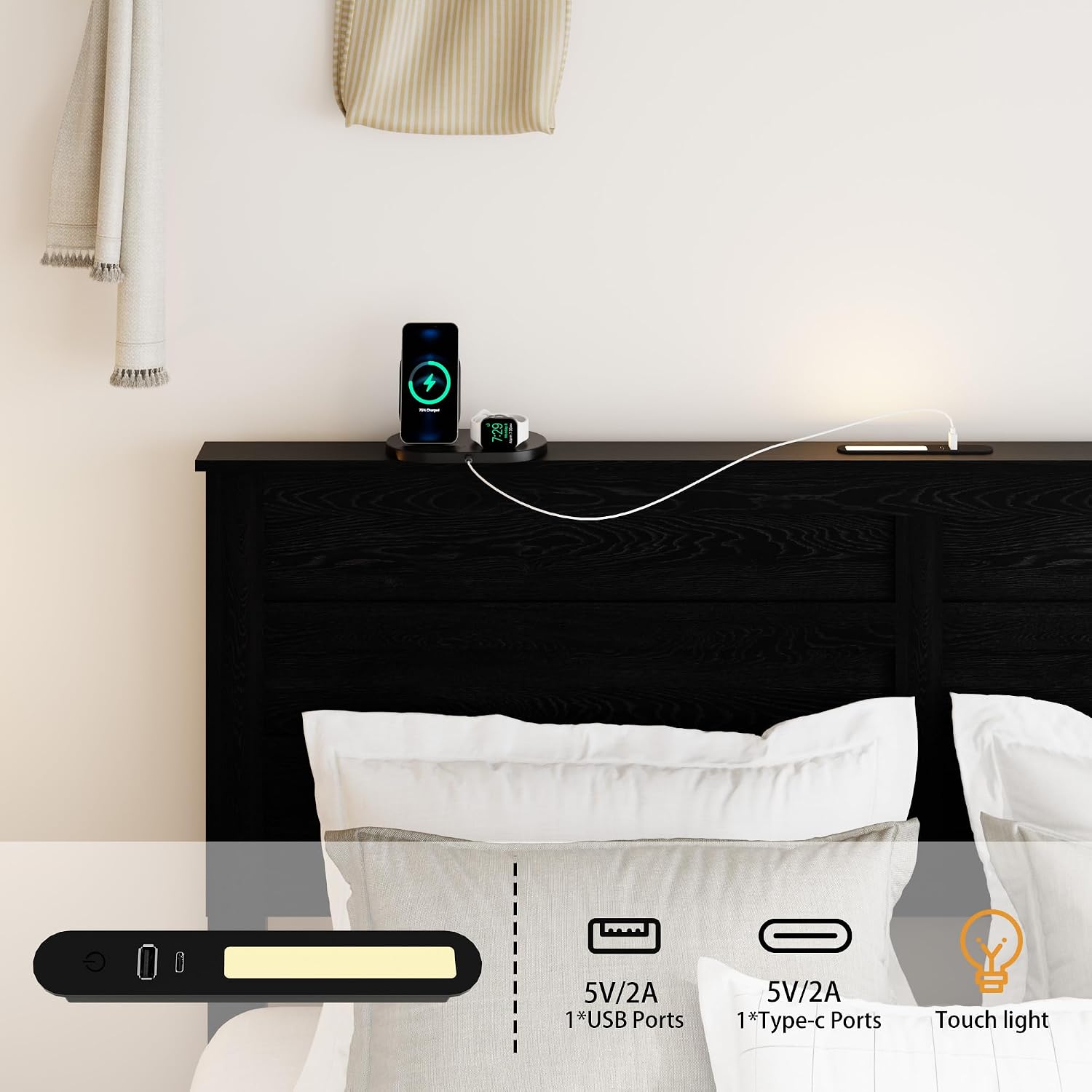 Wooden Full Size Bed Frame with Headboard, Classic Black Farmhouse Storage Bedframe with Sliding Barn Door Footboard and Charging Station, Wood Slats, No Box Spring Needed