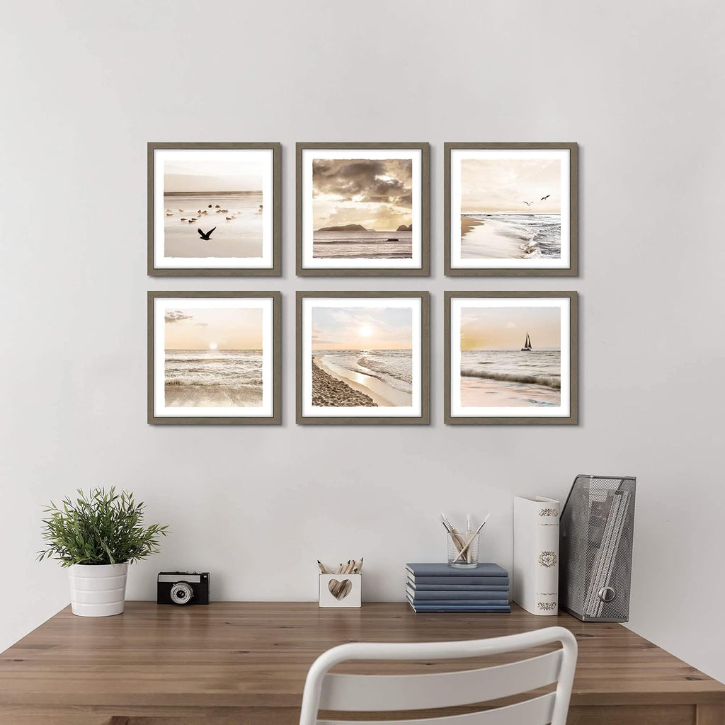 Framed Beach Scenery Wall Art：6 Pieces Small Calming Seaside Painting Nature Coastal Sunrise Prints Tropical Multi Seascape Photography Artwork Ocean Seagulls Picture for Bathroom Bedroom Office