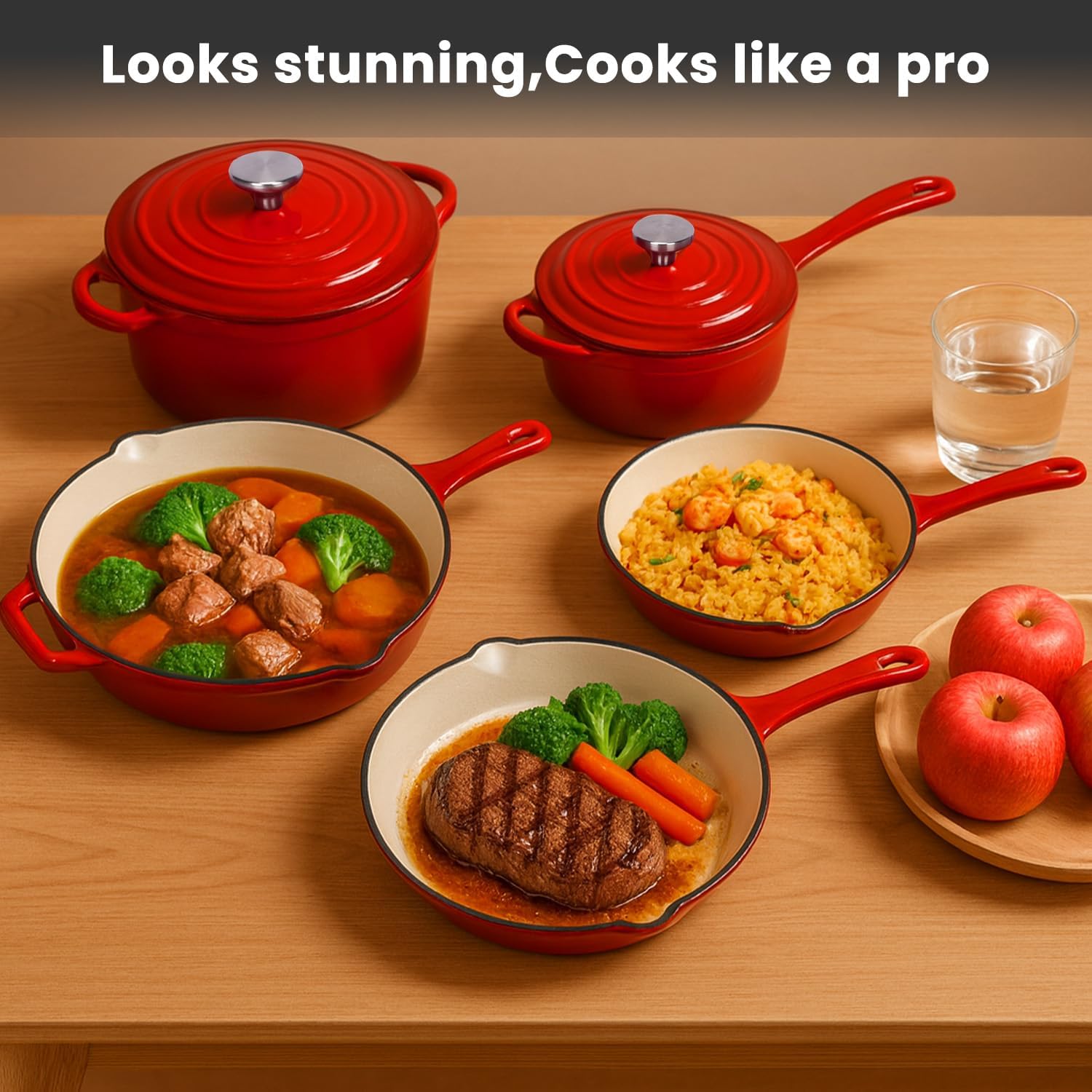 QuliMetal Nonstick Enameled Cast Iron Cookware Set, 5-Piece Pots and Pans Set with Lids, Skillet, Frying Pan, Saucepan & Dutch Oven for All Stovetops, PFOA Free, Ideal for Sourdough Bread Baking
