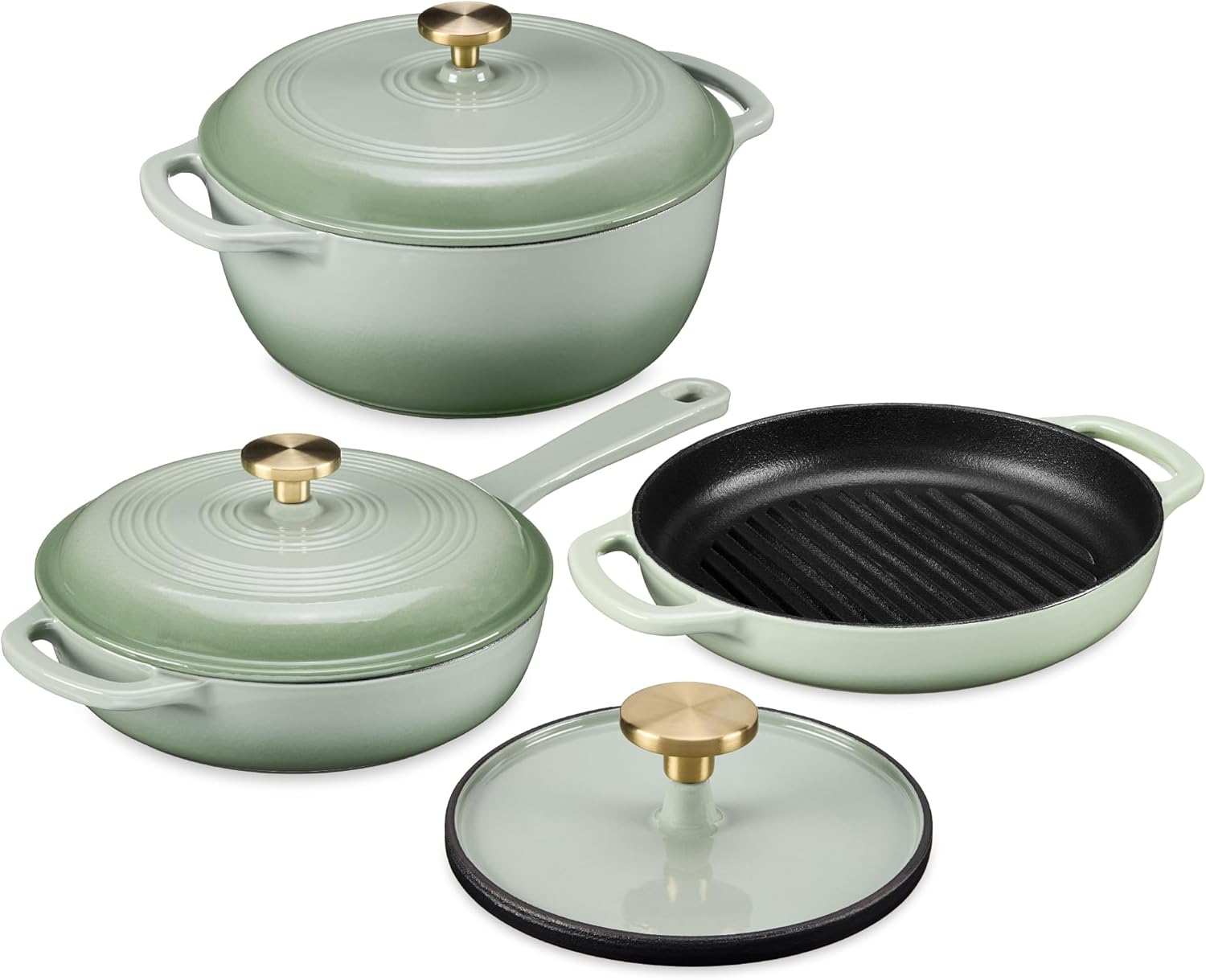 Best Choice Products Non-Stick Pot & Pan Cookware Set, Cast Iron, 2Qt Skillet W/Lid, 10' Grill Or Griddle Pan W/Press, 6Qt Enameled Dutch Oven, Non-toxic, For Cooking & Grilling - Sage