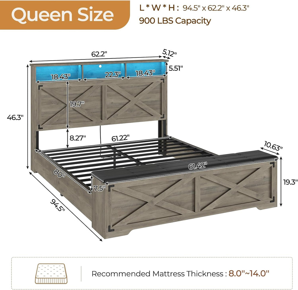 DICTAC Farmhouse Queen Bed Frame with Storage Headboard and Charging Station Wood Platform Bed Frame Queen Size with Storage Ottoman and Led Lights,Metal Slats Support,No Box Spring Required,Oak Gray