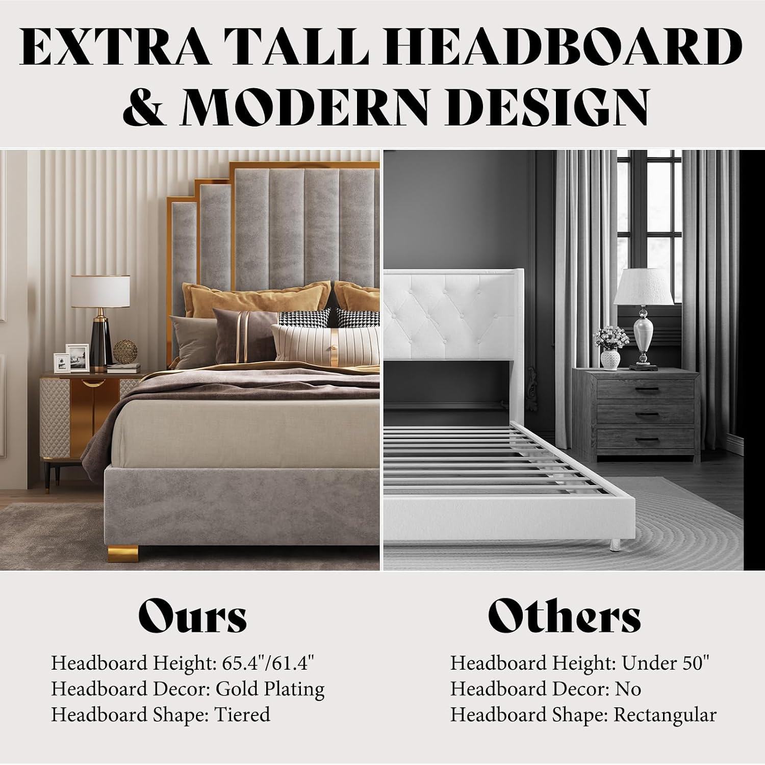 AMERLIFE King Size Upholstered Bed, Modern Velvet Bed Frame with 65.4' Tall Gold Trim Headboard, No Box Spring Needed, Grey