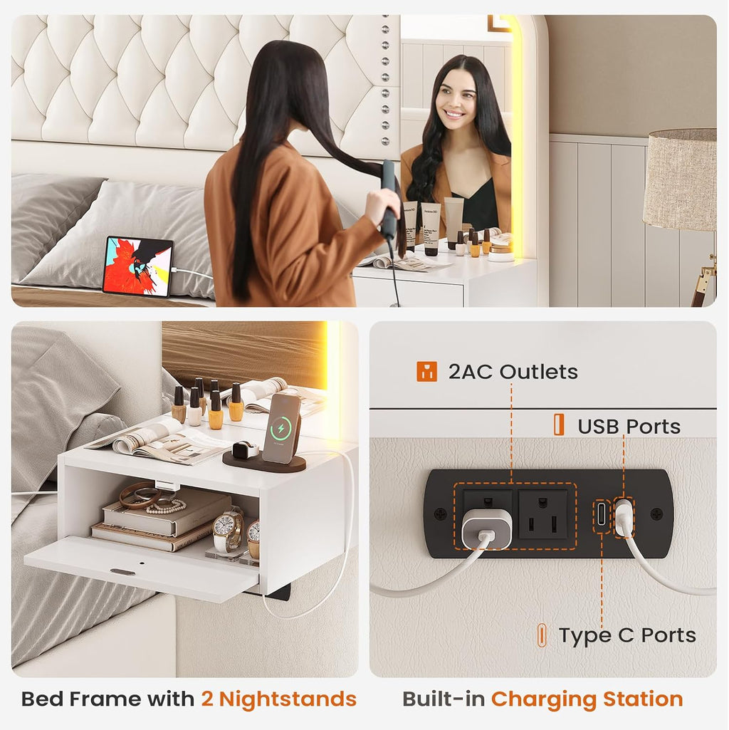 Itaar Queen Bed Frame with 53' Tall Headboard and 4 Storage Drawers, PU Leather Upholstered Platform Bed Frame, Built in Charging Station & Led, 2 Nightstands with Mirror, White
