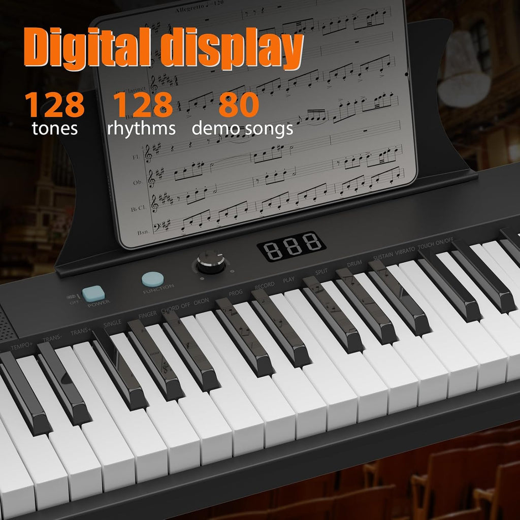 Home Digital Pianos, 61-Key Touch-Sensitive Keyboard Set, Portable HIPS Digital Piano with Adjustable Stand, Microphone & Learning Functions for Home Practice