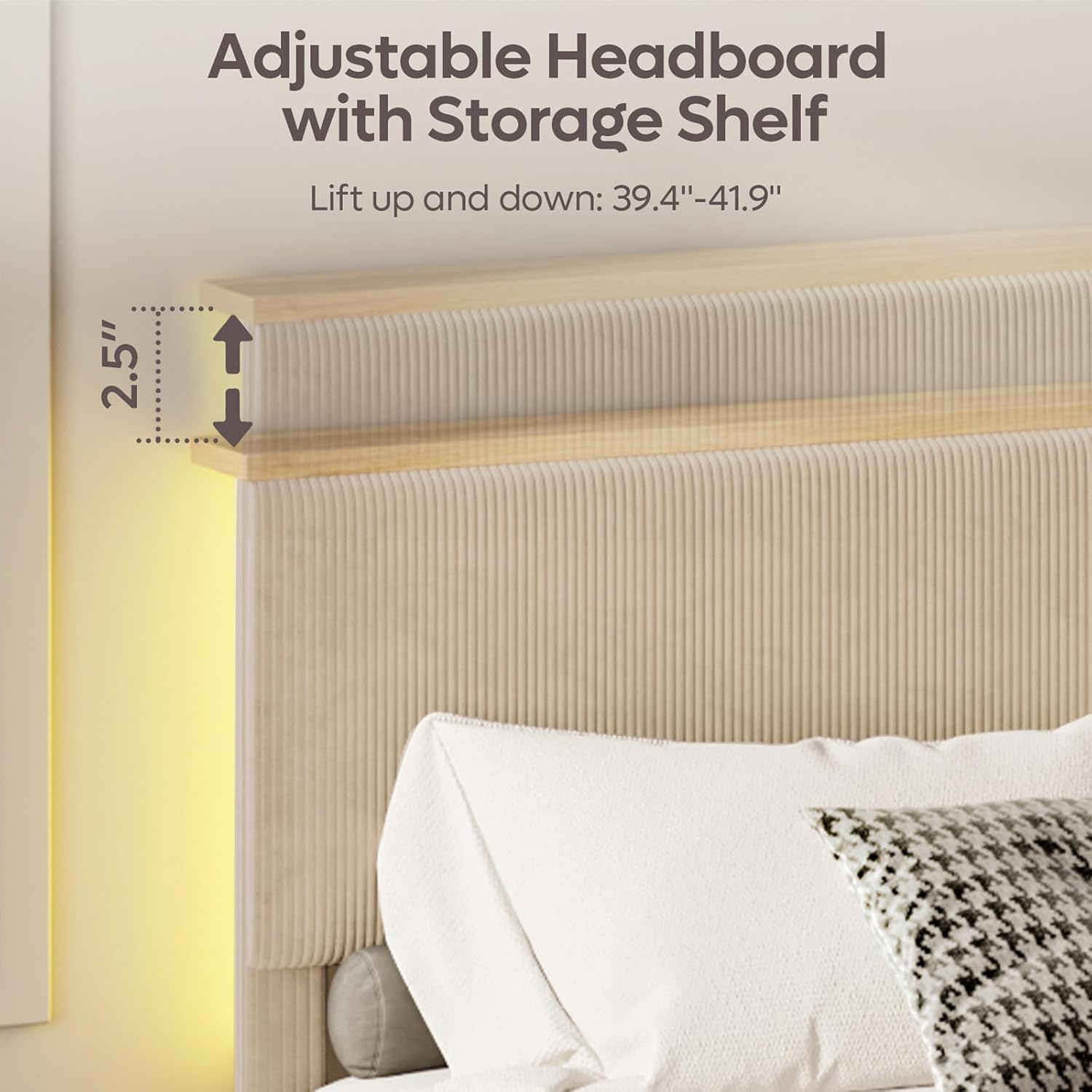Bestier Queen Bed Frame with Adjustable Headboard & LEDLighting, Corduroy Upholstered Platform Bed Frame withStorage Shelf, Solid Wood Slats, No Box Spring Needed,Never Squeak, Easy Assembly, Taupe