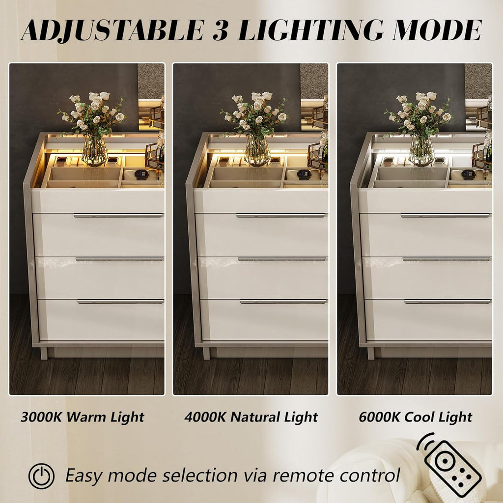 AMERLIFE High Gloss Dresser Set, 3 Piece Bedroom Furniture Set, 8 Drawer Dresser with LED Light & 2 Nightstands with Charging Station, Modern UV Finish, Bedroom Storage Organizer, Cream & Grey