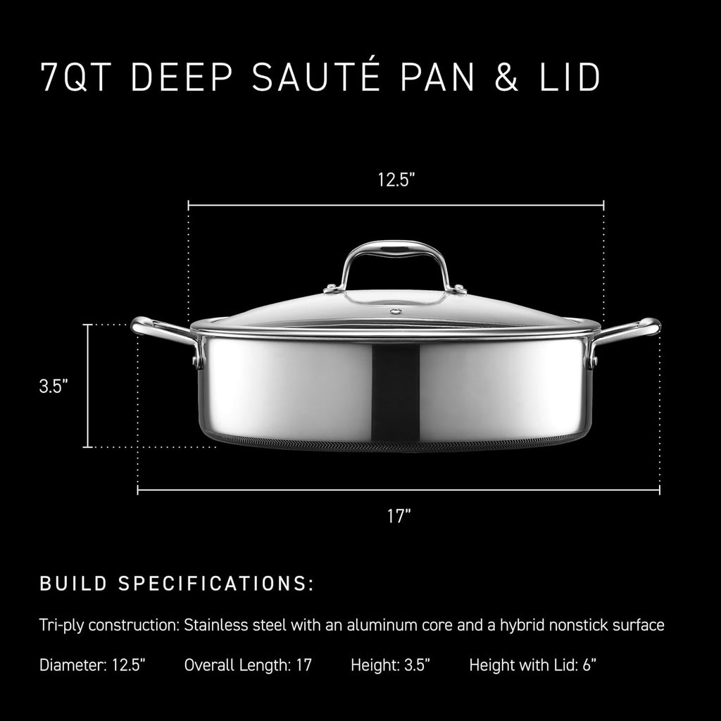 HexClad Hybrid Nonstick 7-Quart Sauté Pan with Tempered Glass Lid, Chicken Fryer, Stay-Cool Handles, Dishwasher-Friendly, Oven-Safe Up to 900°F, Induction Ready, Compatible with All Cooktops