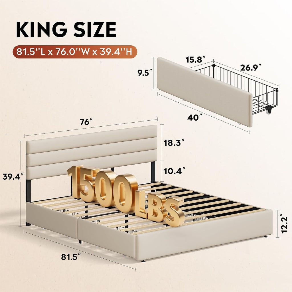 WLIVE King Size Upholstered Bed Frame with 4 Storage Drawers and Headboard, Velvet Platform Bedframe, Sturdy Metal & Wooden Slats Support, No Box Spring Needed, Easy Assembly, Beige