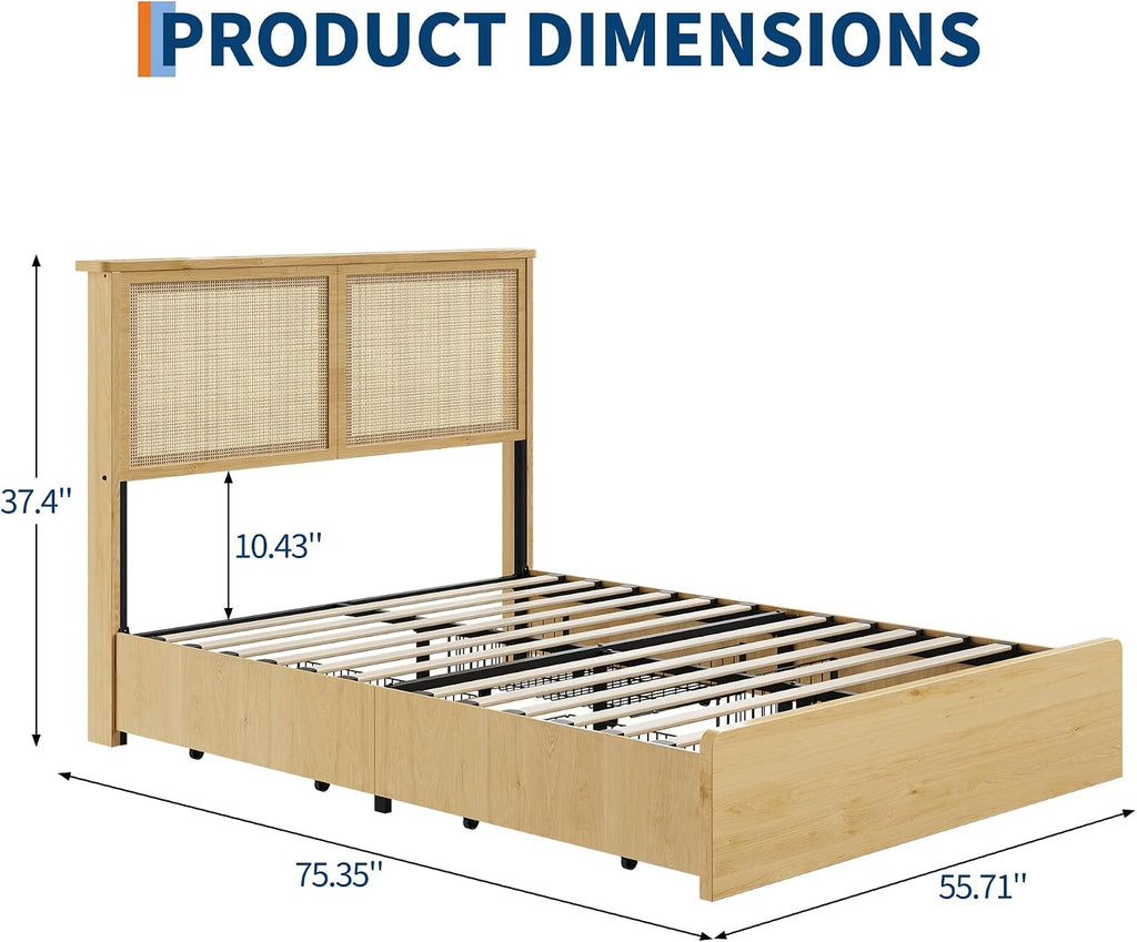 coucheta Rattan Bed Frame Full with Natural Rattan Headboard,Full Bed Frame with LED Lights,Rattan Full Bed Frame with Headboard, Wood Foundation with Silent Slats,No Box Spring Needed
