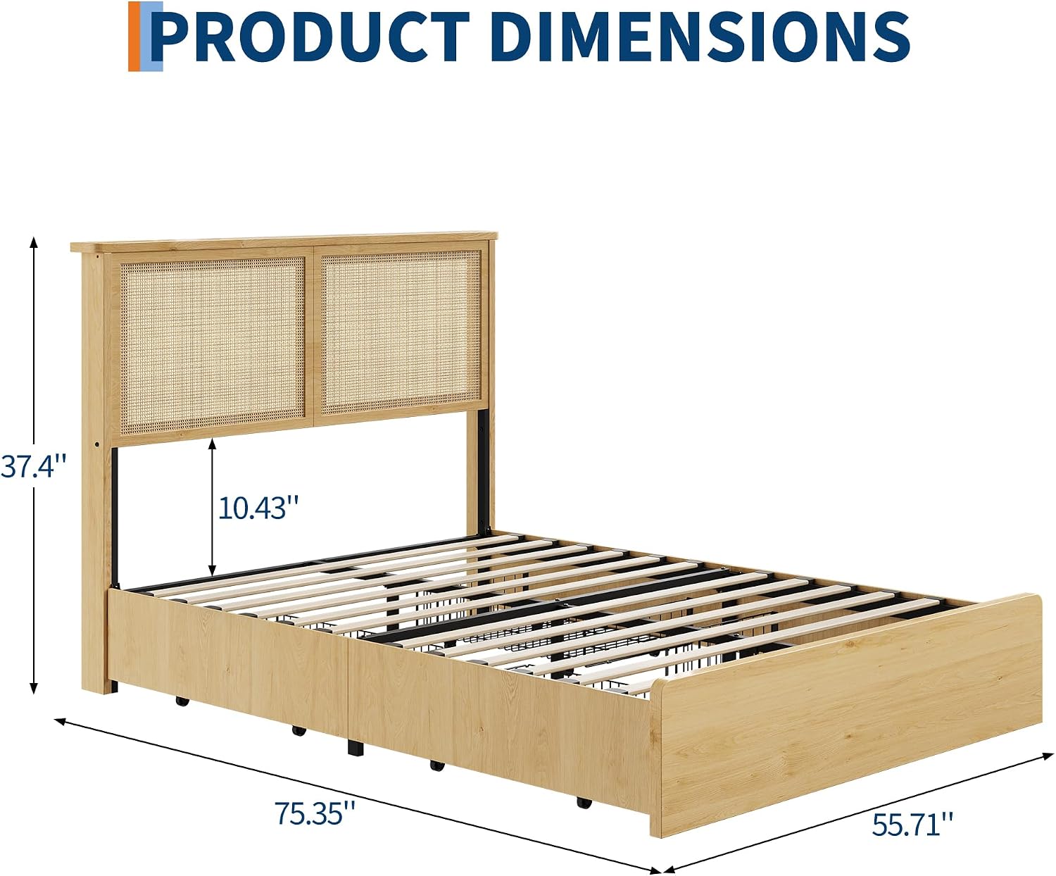 coucheta Rattan Bed Frame Full with Natural Rattan Headboard,Full Bed Frame with LED Lights,Rattan Full Bed Frame with Headboard, Wood Foundation with Silent Slats,No Box Spring Needed
