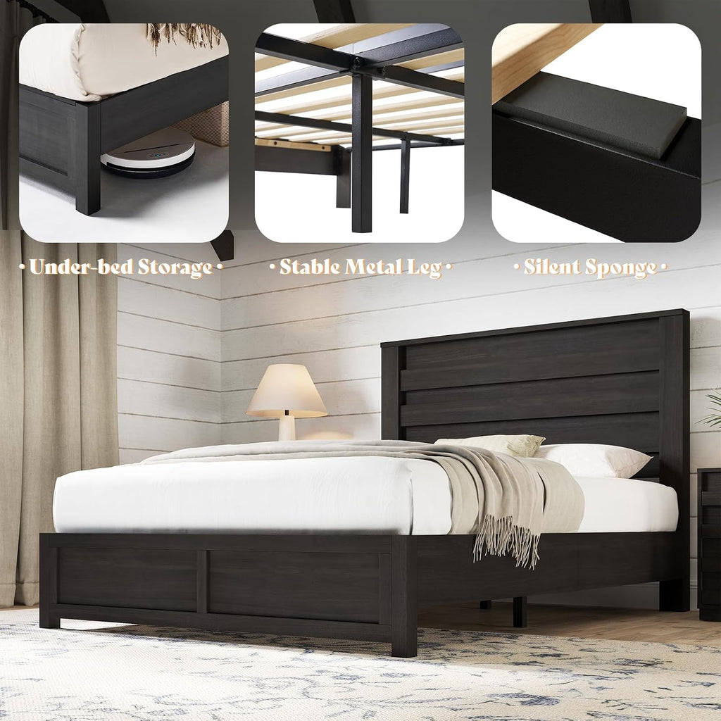 AMERLIFE Farmhouse Full Size Bed Frame with 49' Fluted Headboard, Wood Platform Bed with Natural Grain, No Box Spring Needed/Noise Free, Black