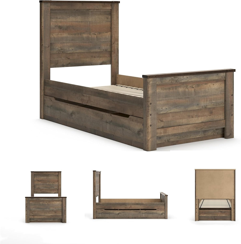 Signature Design by Ashley Trinell Casual Twin Panel Platform Bed with 1 Large Storage Drawer and Nailheads, Foundation or Box Spring Not Needed, Dark Brown