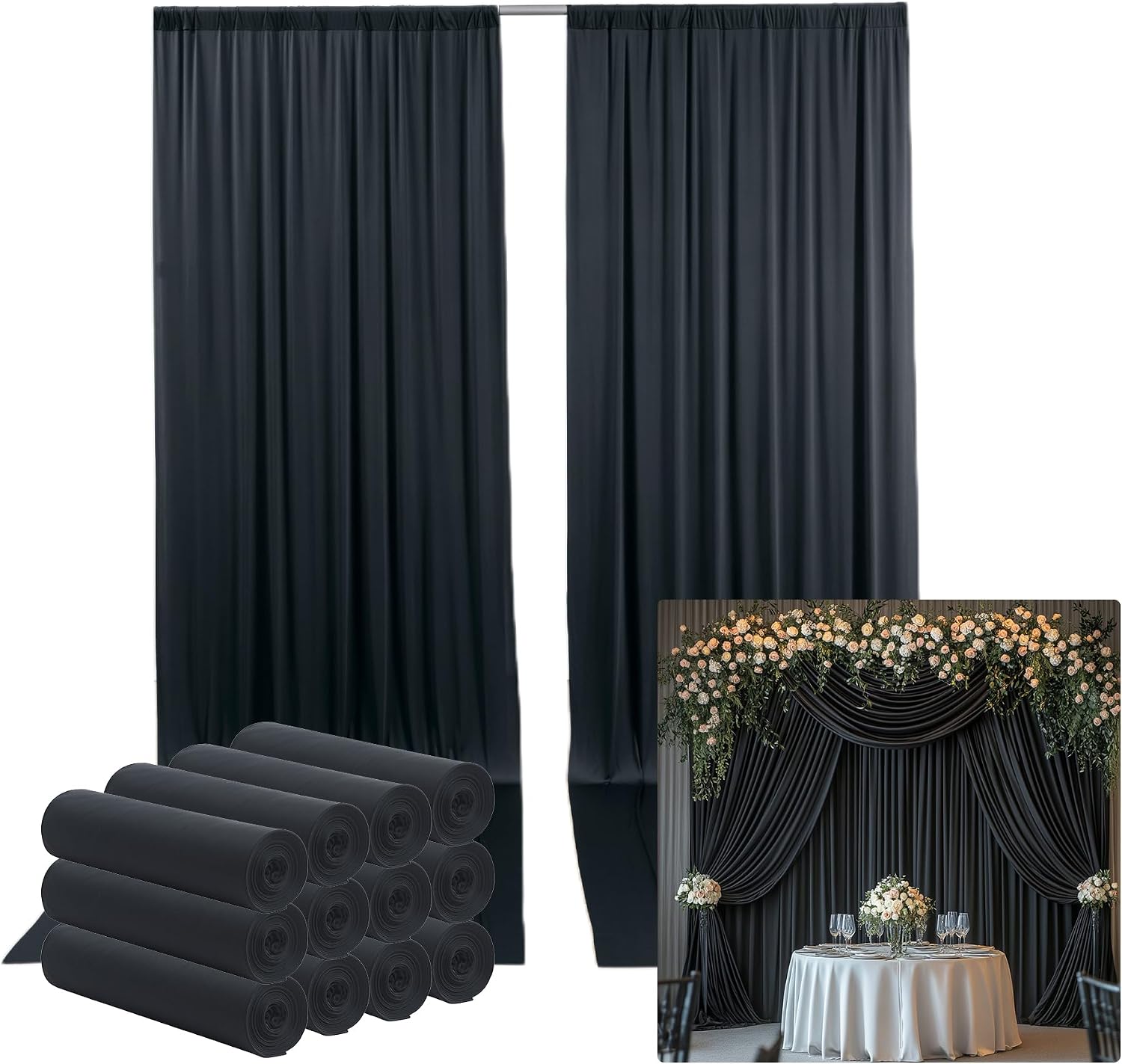 60ftx14ft Wrinkle Free Black Backdrop Curtain, 12 Panels 14FT Height Black Wedding Backdrop Drapes, Silky Polyester Back Drop Cloth for Birthday Photography Background Party Backdrop Draping