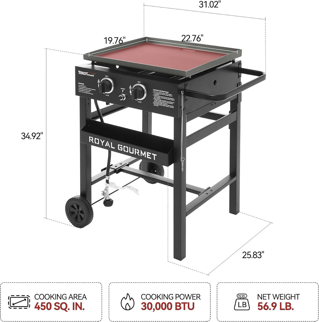 Royal Gourmet GB2000N 2 Burner Propane Gas Griddle, 23 Inch Flat Top Grill with 450 Sq. In. Cooking Area for Backyard and Tailgating, Black