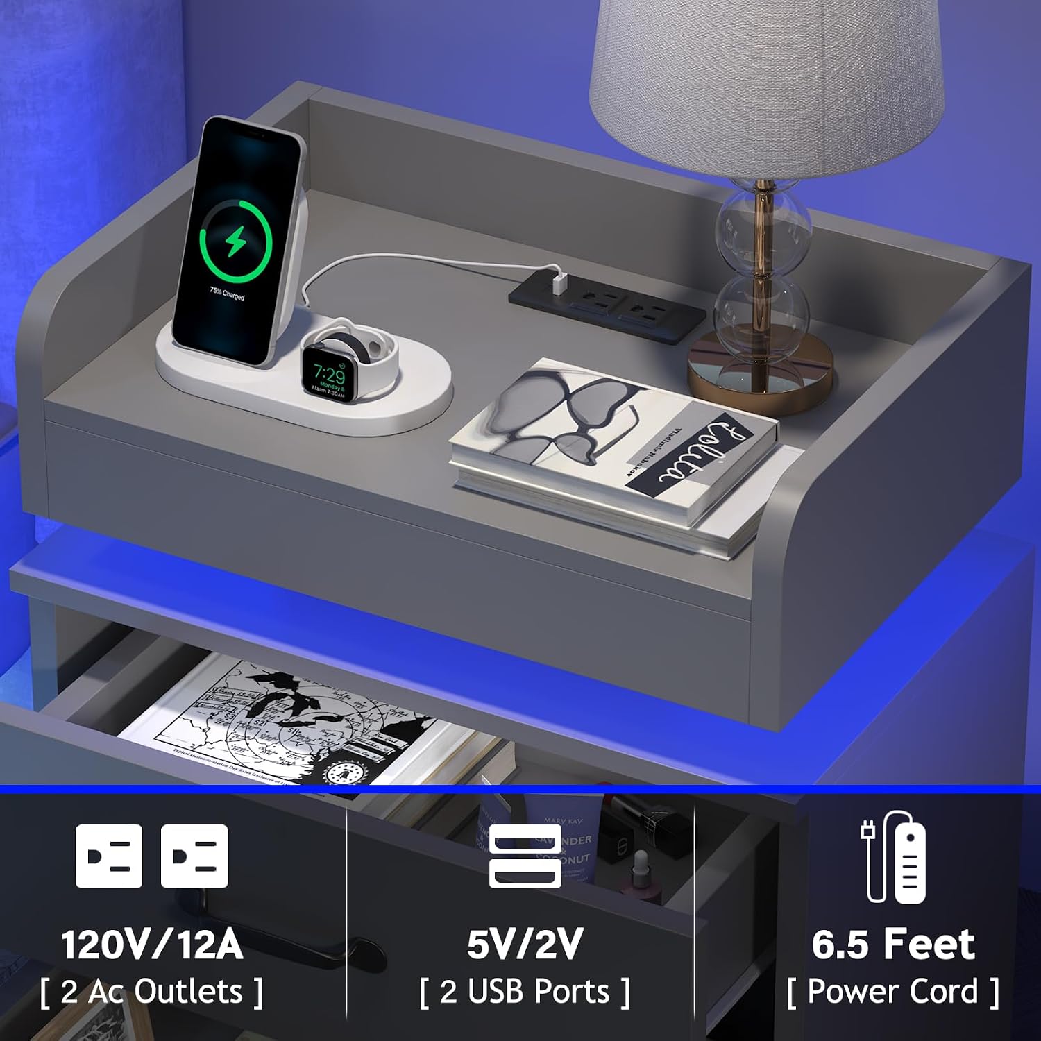 4ever2buy Grey Nightstand Set of 2 with Charging Station and LED Lights Modern Bedside Tables with 2 Drawers for Bedroom