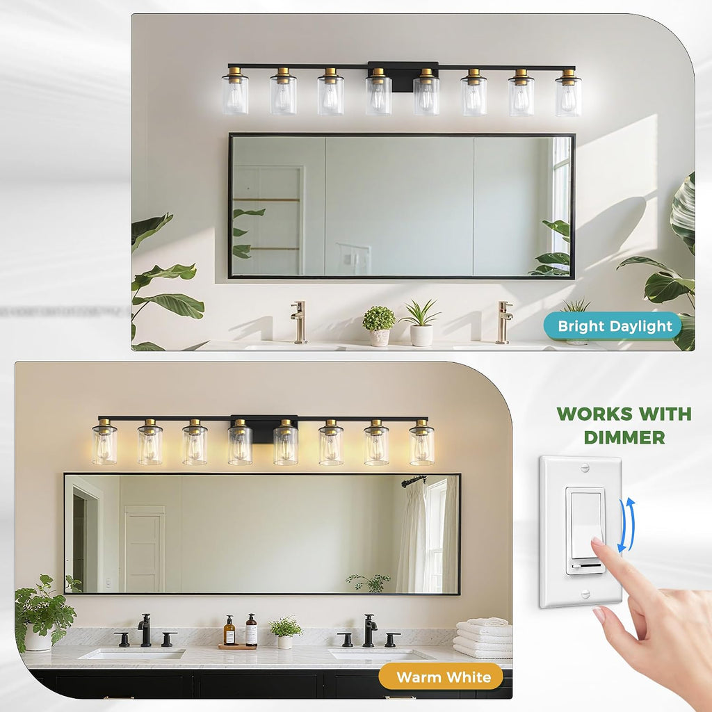 DORESshop 55 Inch Bathroom Light Fixtures, 8-Light Black and Gold Bathroom Lighting Fixtures Over Mirror with Glass Shade, Modern Vanity Lights for Hallway Bedroom