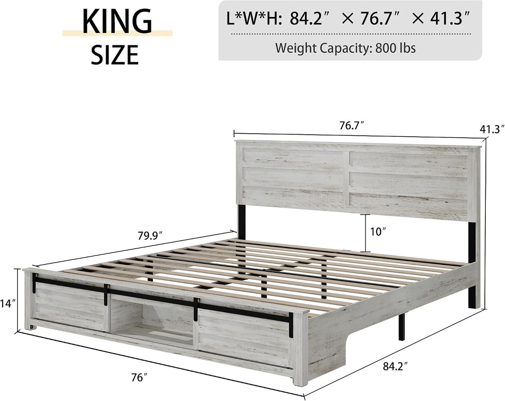 Wooden King Size Bed Frame with Headboard, Boho White Farmhouse Storage Bedframe with Sliding Barn Door Footboard and Charging Station, Wood Slats, No Box Spring Needed
