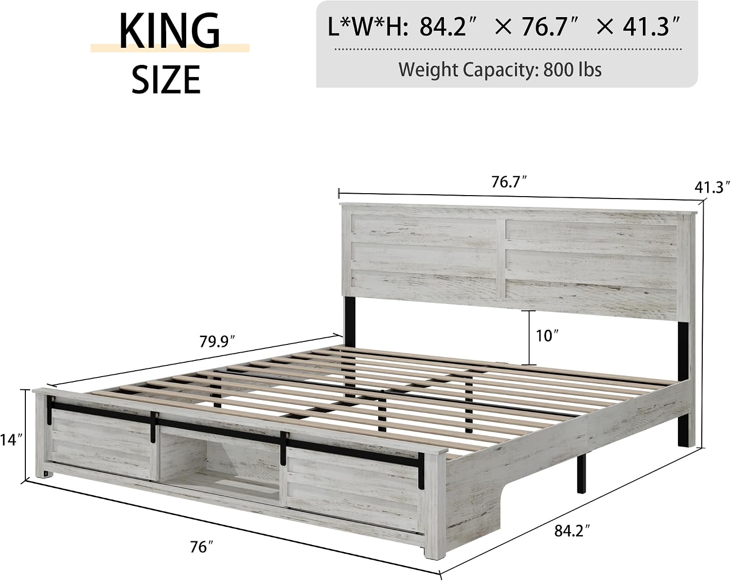 Wooden King Size Bed Frame with Headboard, Boho White Farmhouse Storage Bedframe with Sliding Barn Door Footboard and Charging Station, Wood Slats, No Box Spring Needed