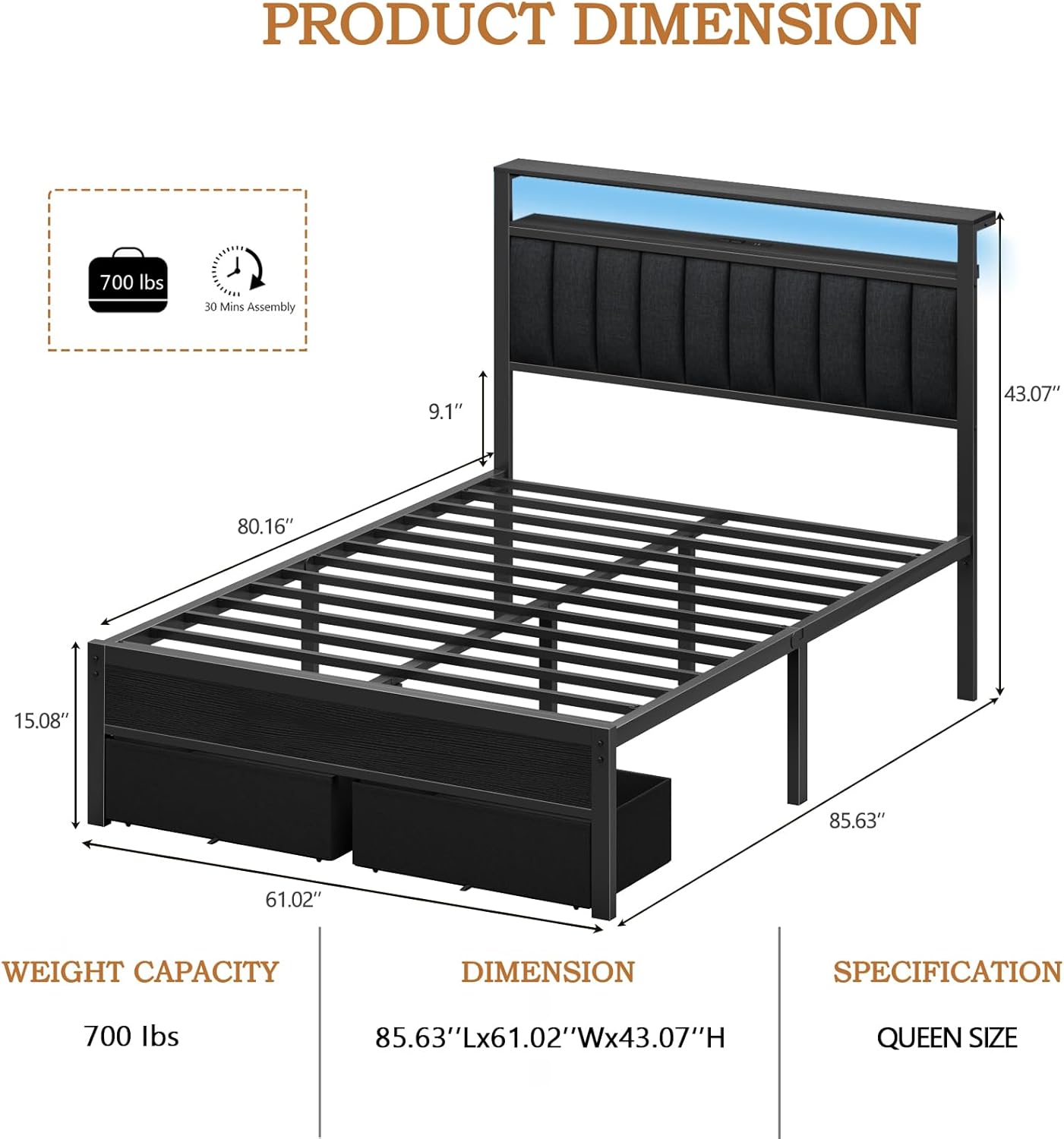 Furnulem Queen Bed Frame with Charging Station and LED Lights, Grey Upholstered Headboard with Shelves, Metal Platform Bed with 2 Under-Bed Storage (Fabric Drawer on Wheels), No Box Spring Needed