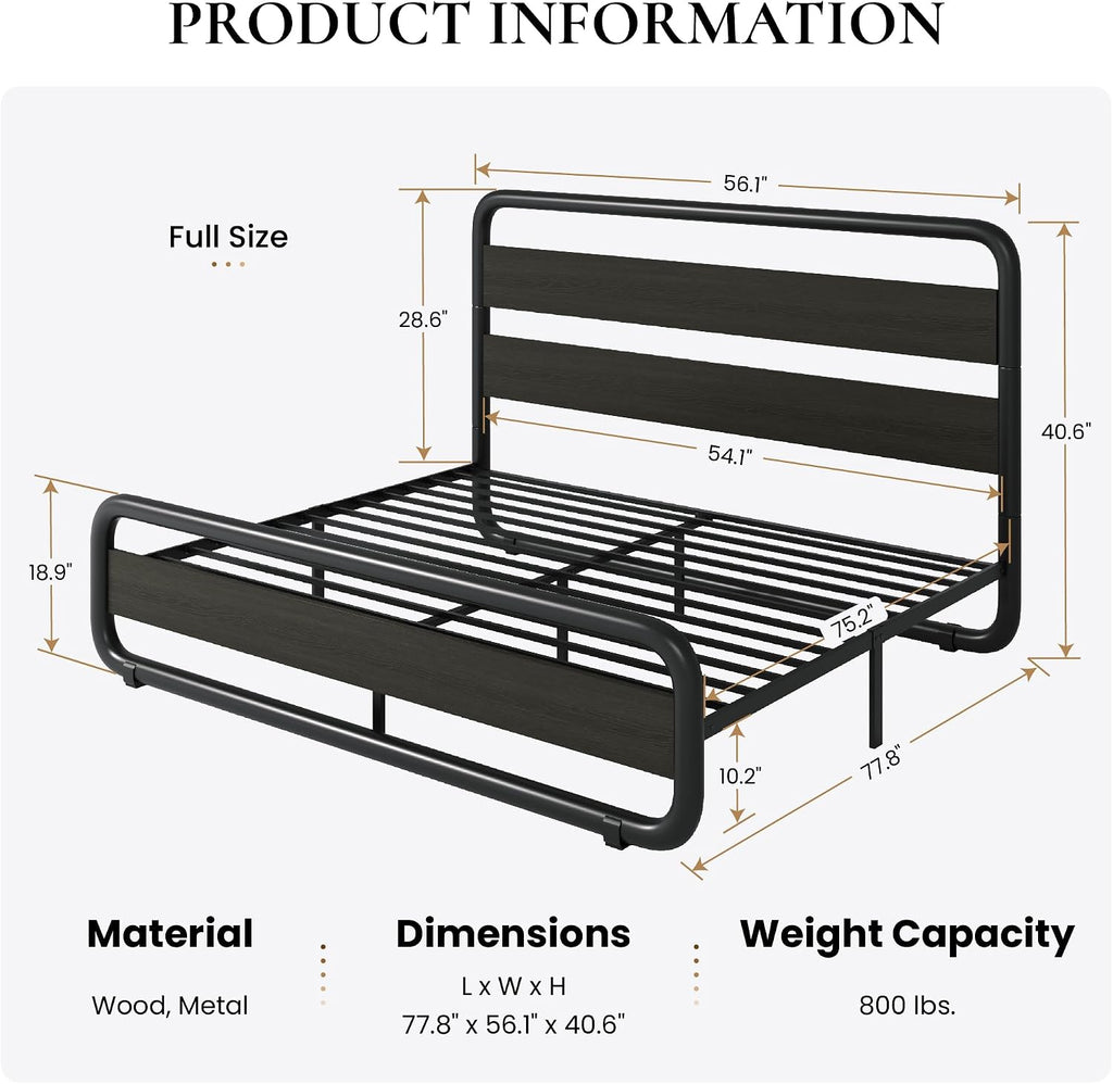 SHA CERLIN Full Size Metal Bed Frame with Wooden Headboard and Footboard, Heavy Duty Oval-Shaped Platform Bed Frame with 10' Under-Bed Storage, Noise Free, No Box Spring Needed, Black