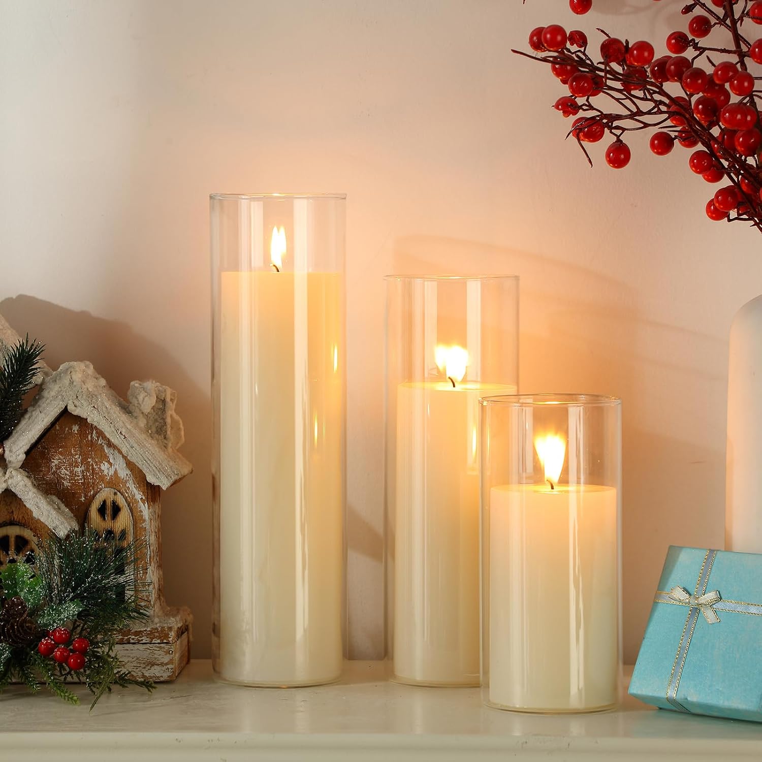 Shihanee 180 Pcs Pillar Candles and Glass Cylinder Vases Clear Cylinder Holders for Slim Pillar Candles Table Decoration (Ivory White)