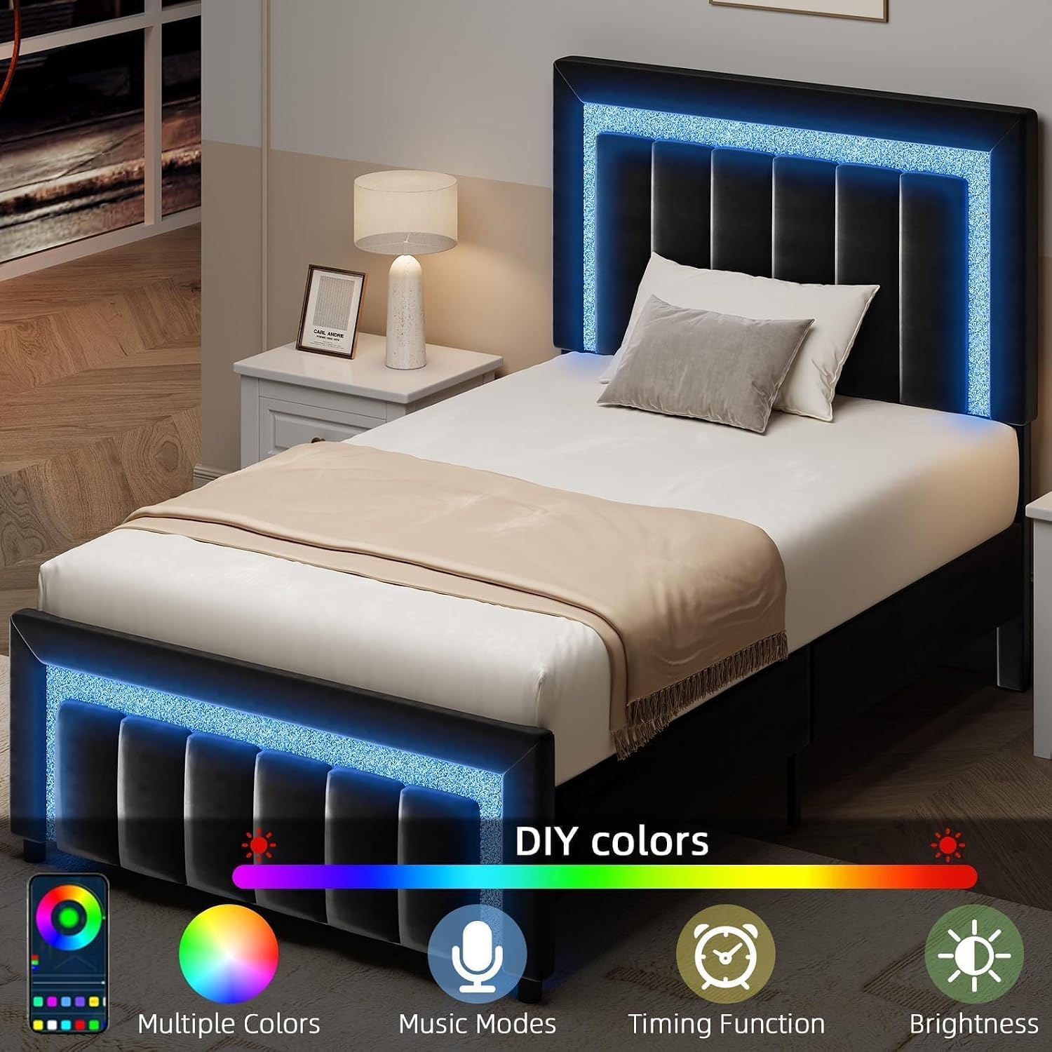 HOMBCK Twin Bed Frame with LED Lights and Velvet Upholstered Adjustable Headboard, Twin Size Bed Frames with Diamond Headboard & Footboard, Wood Slats Support, Noise Free, No Box Spring Needed, Black