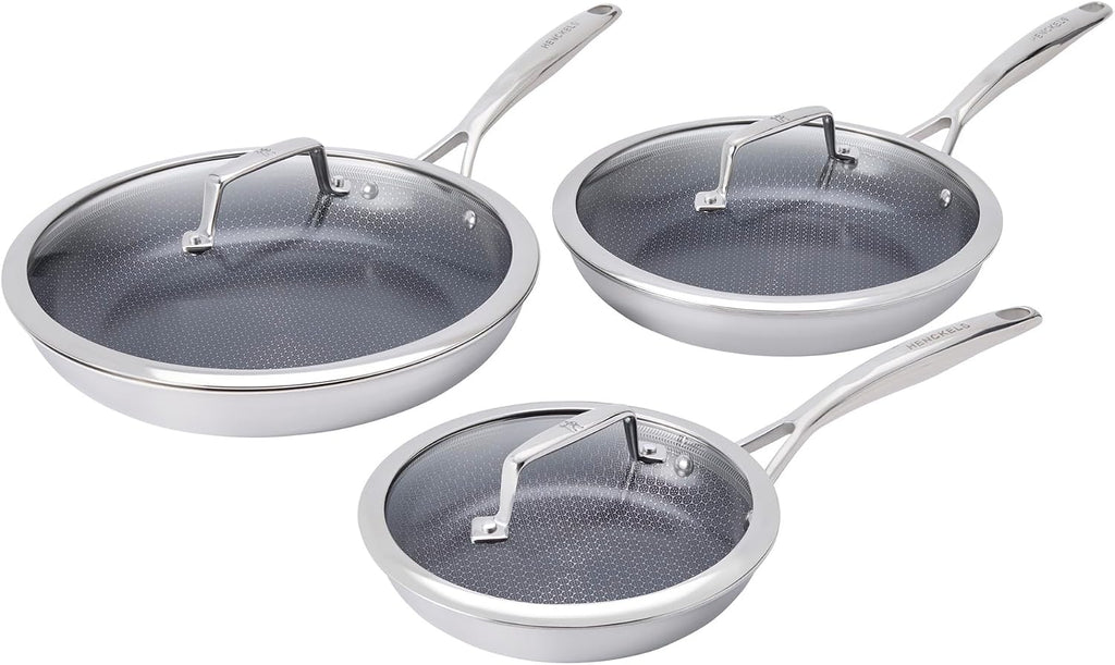 Henckels Paradigm Stainless Steel 6 Pc Fry Pan Set, Tri-Ply Ceramic Nonstick Fry Pan Set, Non Toxic Induction Fry Pan, Metal-Utensil & Dishwasher Safe