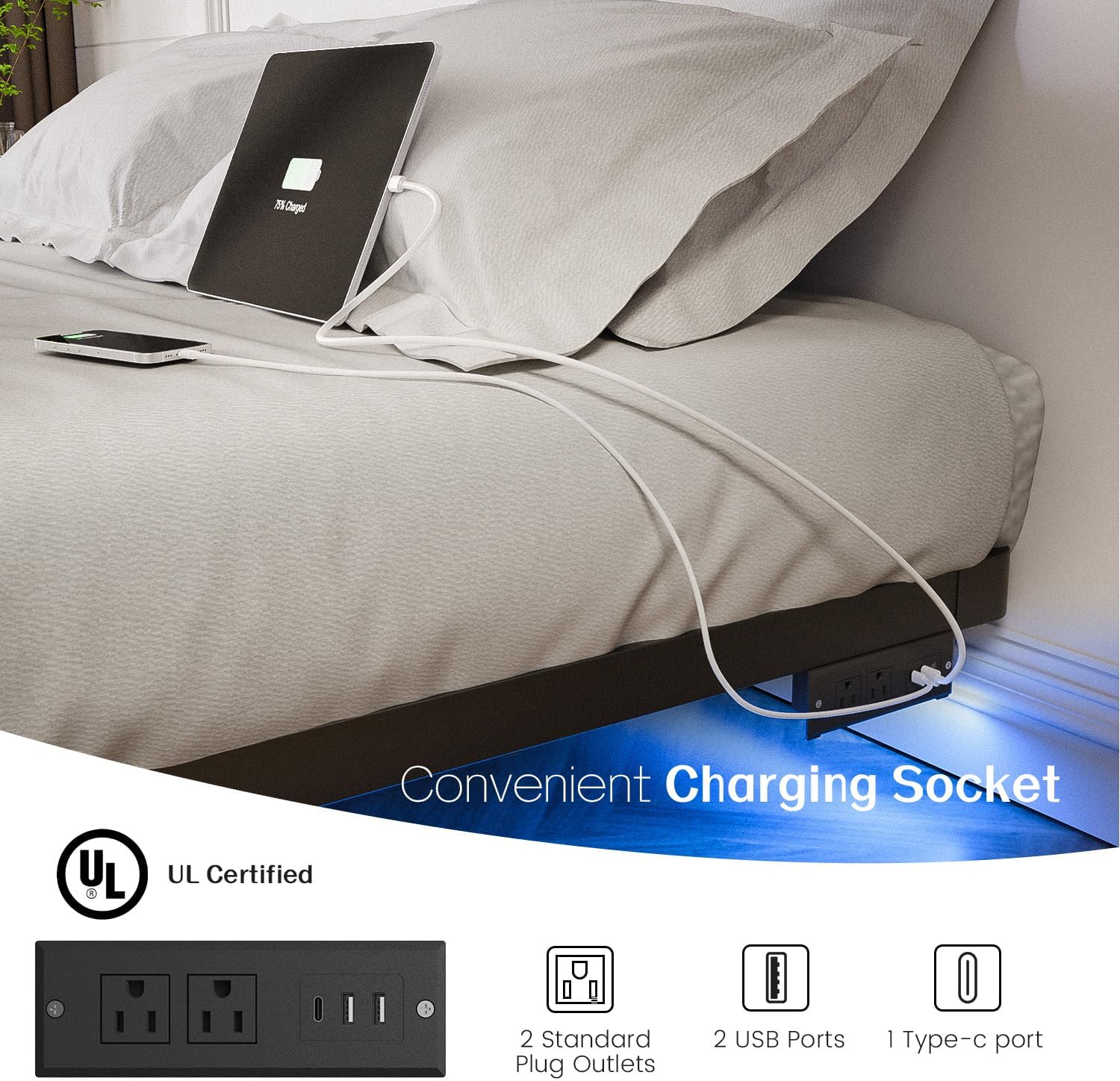 OLEVS King Size Floating Bed Frame, Metal Platform, with LED Light and Charging Station, No Box Spring Needed, Noise-Free, Easy Assembly