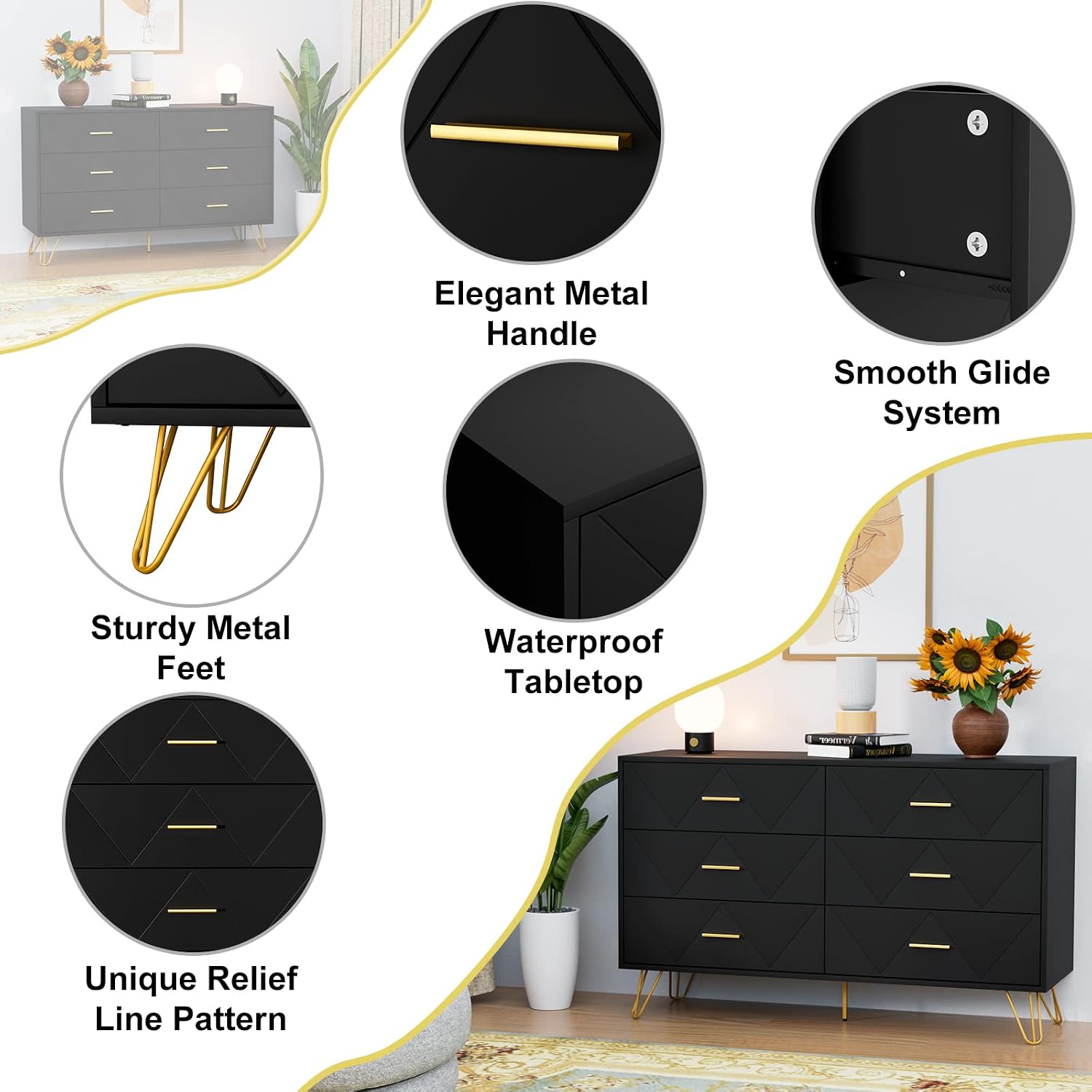 CARPETNAL Black Dresser for Bedroom, 6 Drawer Dresser with Wide Drawers and Gold Handles, Modern Wood Dressers & Chest of Drawers TV Stand for Living Room, Hallway, Entryway.