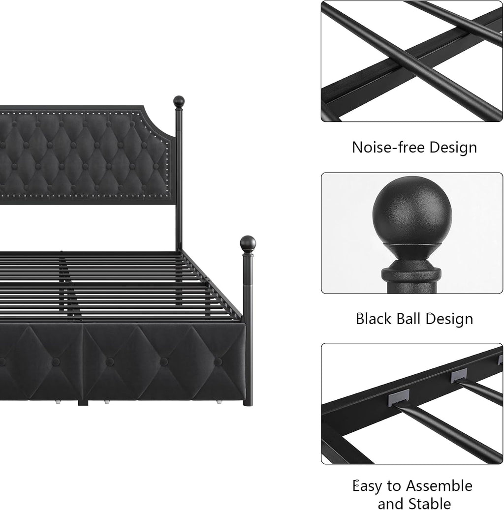 Keyluv Queen Upholstered Canopy Bed Frame with 2 Storage Drawers & Button Tufted Headboard, Metal Platform Bed with 4 Removable Posts, Two-Purpose Velvet Bed, Dark Grey/Curtain Not Included