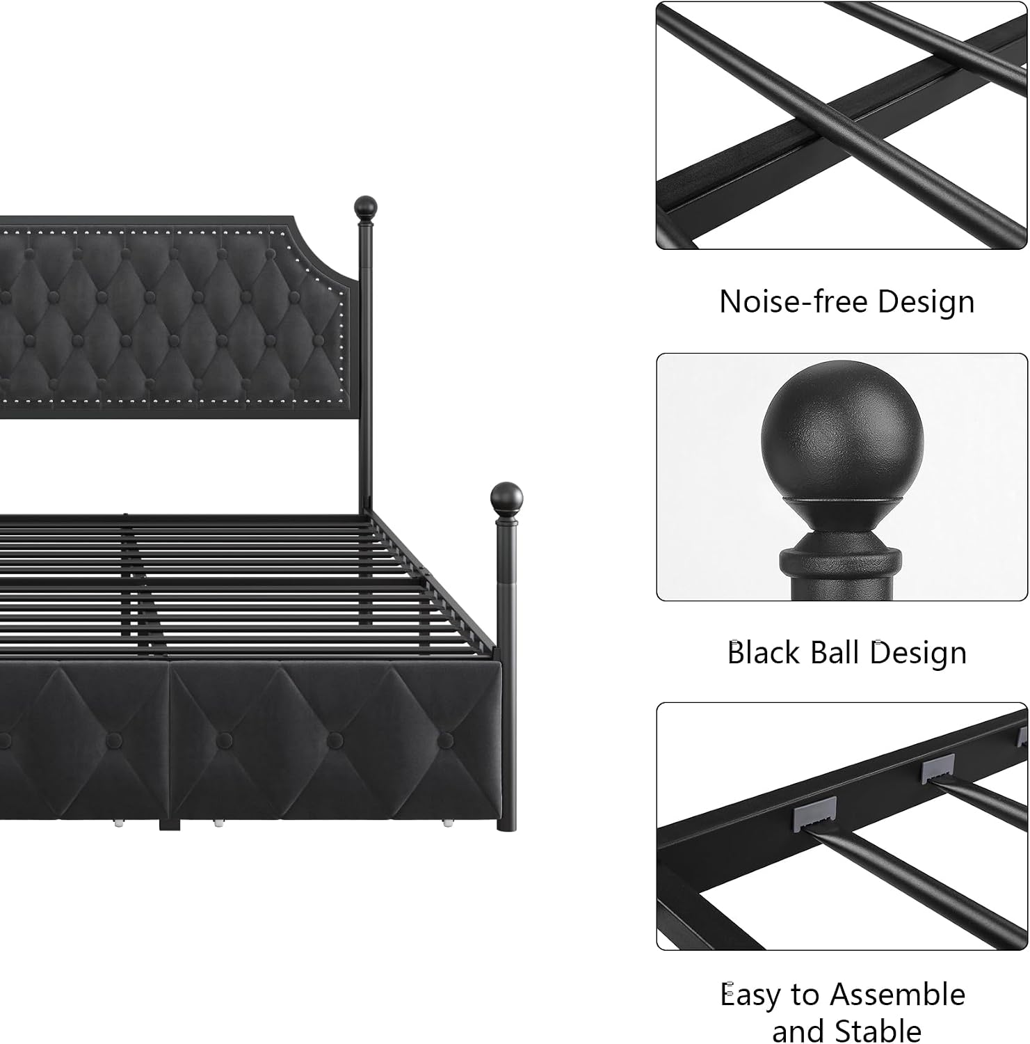 Keyluv King Upholstered Canopy Bed Frame with 3 Storage Drawers & Button Tufted Headboard, Metal Platform Bed with 4 Removable Posts, Two-Purpose Velvet Bed, Dark Grey/Curtain Not Included