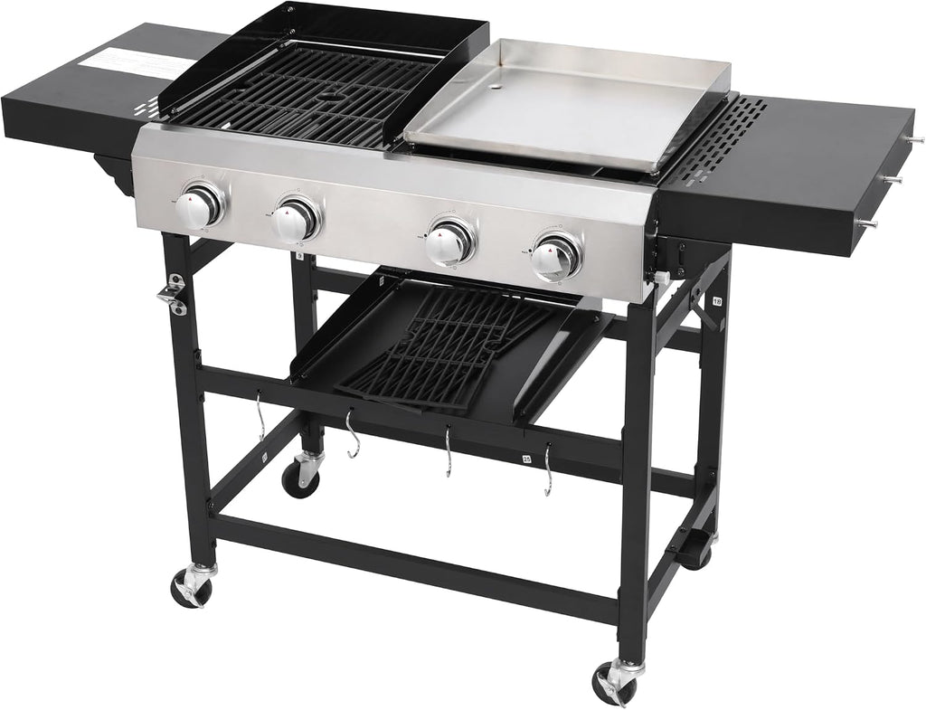 2+2-Burner Propane Gas BBQ Grill, 38200BTU Powerful Outdoor Grill with Stainless Steel Plancha & Side Tables, Portable Foldable Design for Backyard, Camping, Tailgating and Patio Barbecue (56 IN)