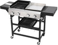 2+2-Burner Propane Gas BBQ Grill, 38200BTU Powerful Outdoor Grill with Stainless Steel Plancha & Side Tables, Portable Foldable Design for Backyard, Camping, Tailgating and Patio Barbecue (56 IN)