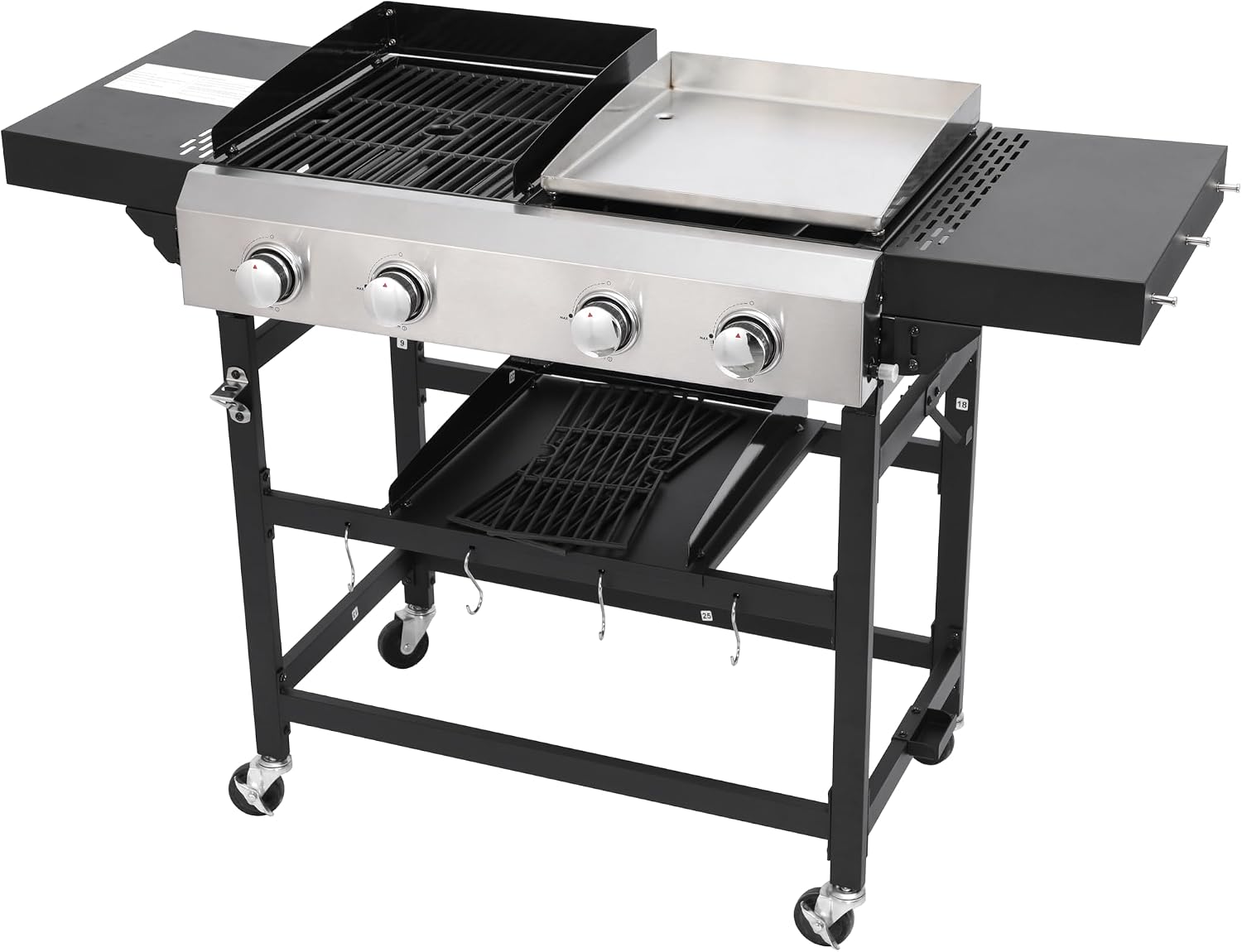 2+2-Burner Propane Gas BBQ Grill, 38200BTU Powerful Outdoor Grill with Stainless Steel Plancha & Side Tables, Portable Foldable Design for Backyard, Camping, Tailgating and Patio Barbecue (56 IN)